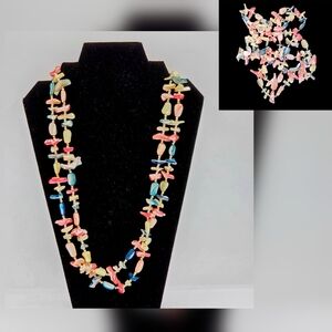 VTG Necklace Multi Color 52" Strand Mother Of Pearl Colorful Pink Blue Yellow